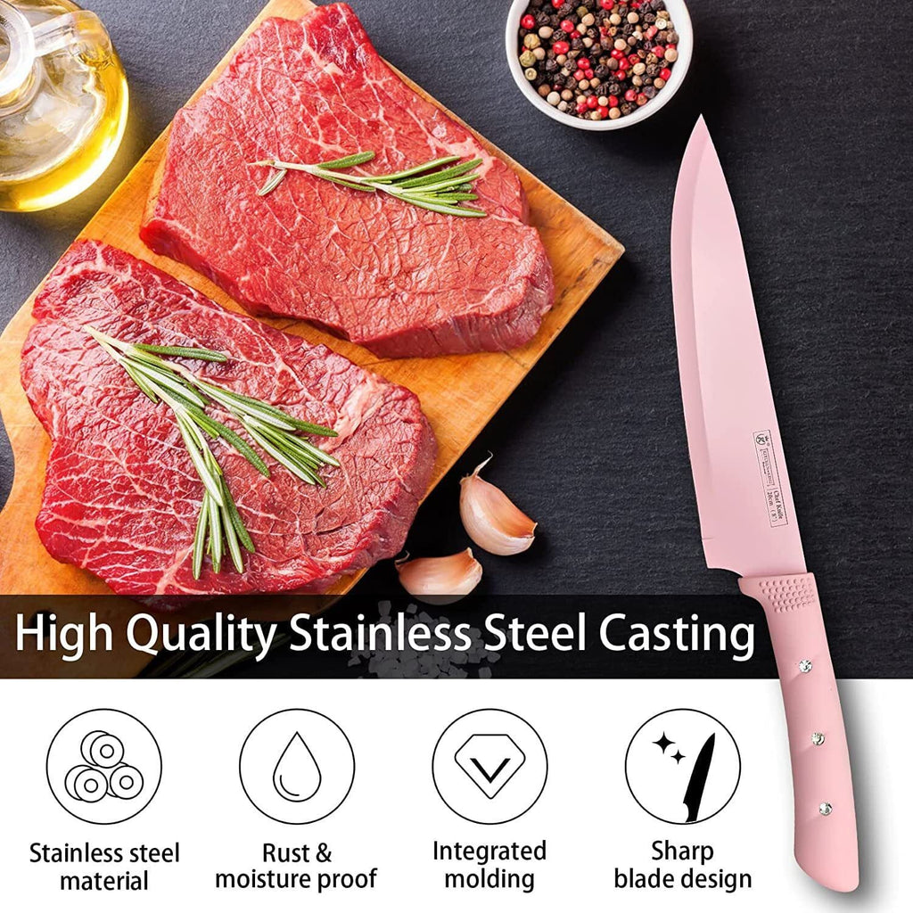 Kitchen Knife Set,Pink Flower 6PC Stainless Steel Sharp Chef Knife Set with Acrylic Stand, Cooking Non-slip Knife Set with Block, Non-stick Colorful Coating Gift for Women Girls EasyOptionXY LLC