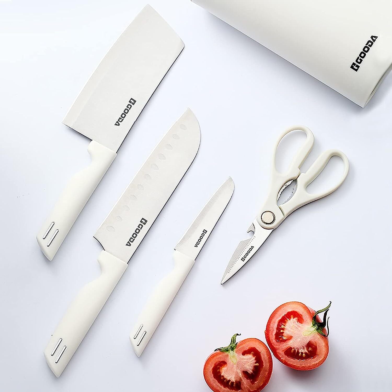 Knife Set for Kitchen, 5-Pieces White Cooking Knife Set with Storage Knife Holder, Sharp Stainless Steel Knife Block Set for Cutting Slicing Dicing Chopping