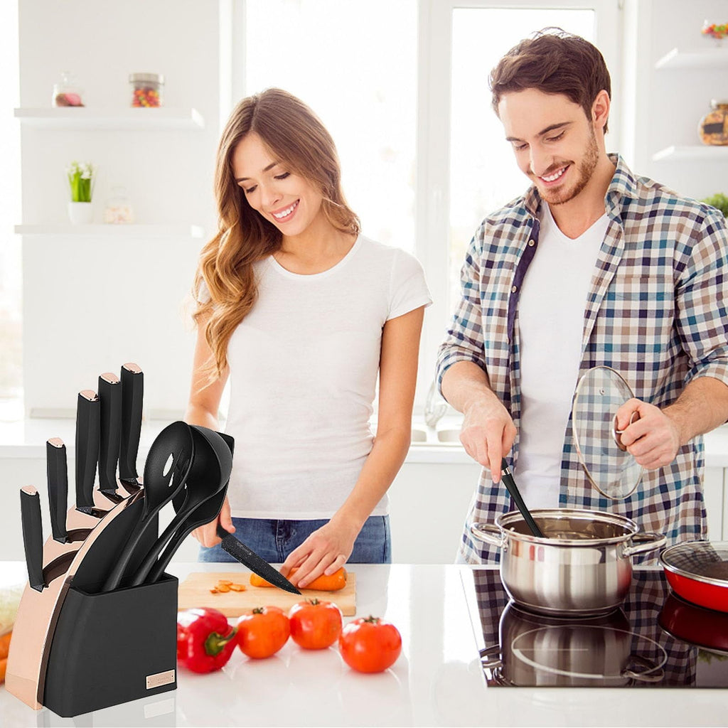 Kitchen Knife Set, 9-Pieces Sharp Stainless Steel Chef Knife Set with Block for Kitchen, Knife Block Set with Silicone Cooking Utensils, Slotted Spoon, Deep Soup Ladle, Slotted Turner EasyOptionXY LLC