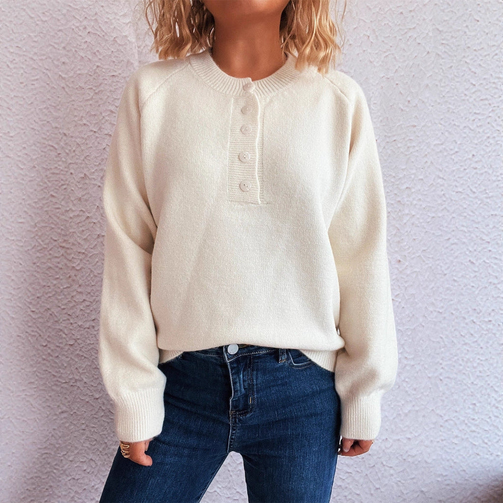 Women's Solid Color Buttons Casual Knitted Round Neck Long Sleeve Warm Sweater
