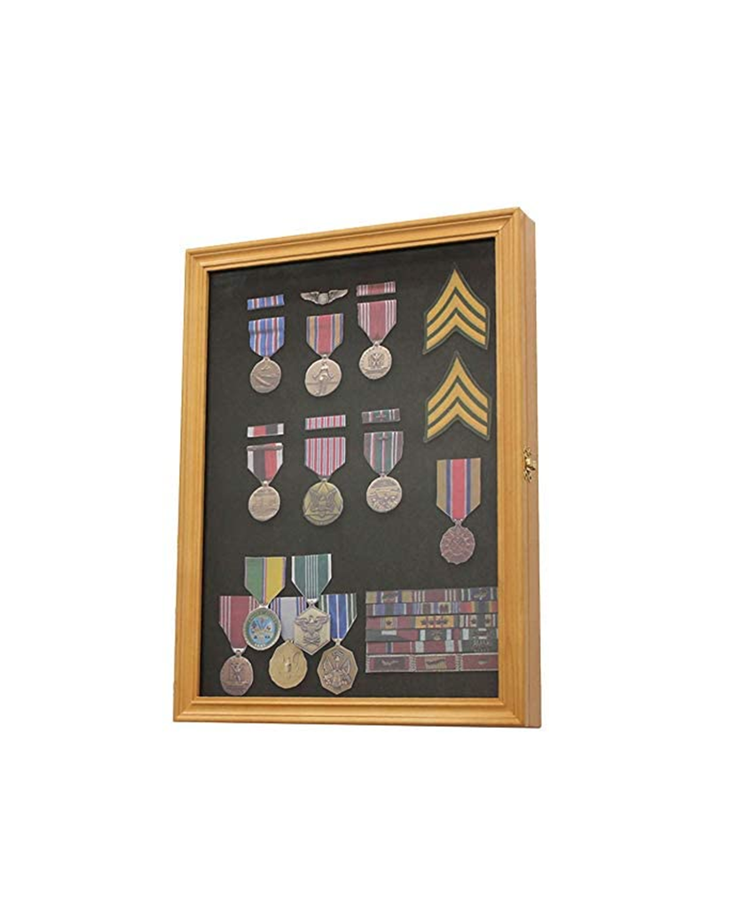 Oak Finish Display Case Wall Frame Cabinet for Military Medals, Pins, Patches, Insignia, Ribbons, Brooches. The Military Gift Store