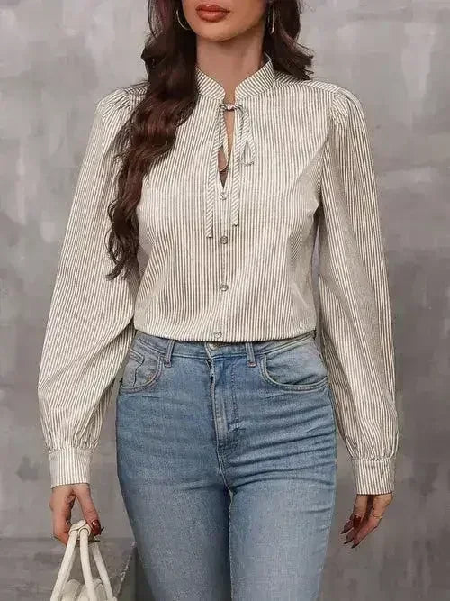 Striped Tie Neck Long Sleeve Blouse – Femstylo - SJB-DIAMOND ELITES