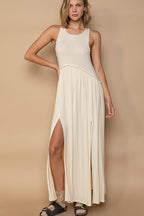 Sleeveless Back Zipper Front Slit Maxi Dress – Racerback Maxi Dress, Slit Detail Dress, Sleeveless Maxi Dress, Babydoll Silhouette Dress, Knit Maxi Dress, Front Slit Dress, Elegant Maxi Dress Stevvex
