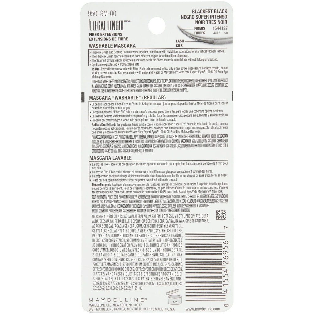 Maybelline Illegal Length Fiber Extensions Washable Mascara, Blackest Black