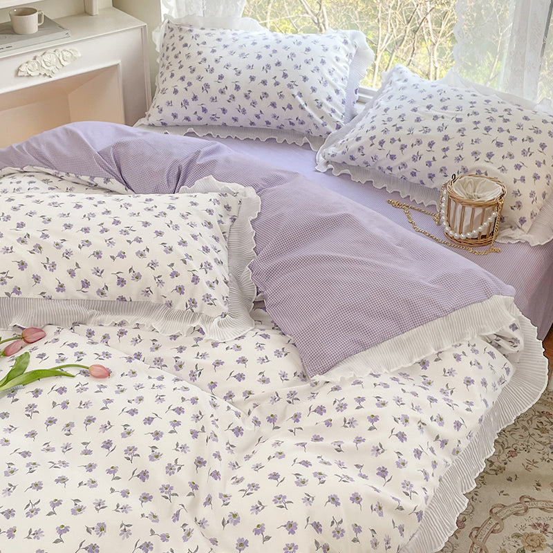 Washed Cotton Small Floral Quilt Cover, Four Piece Bed Sheet Set Pi-Mart