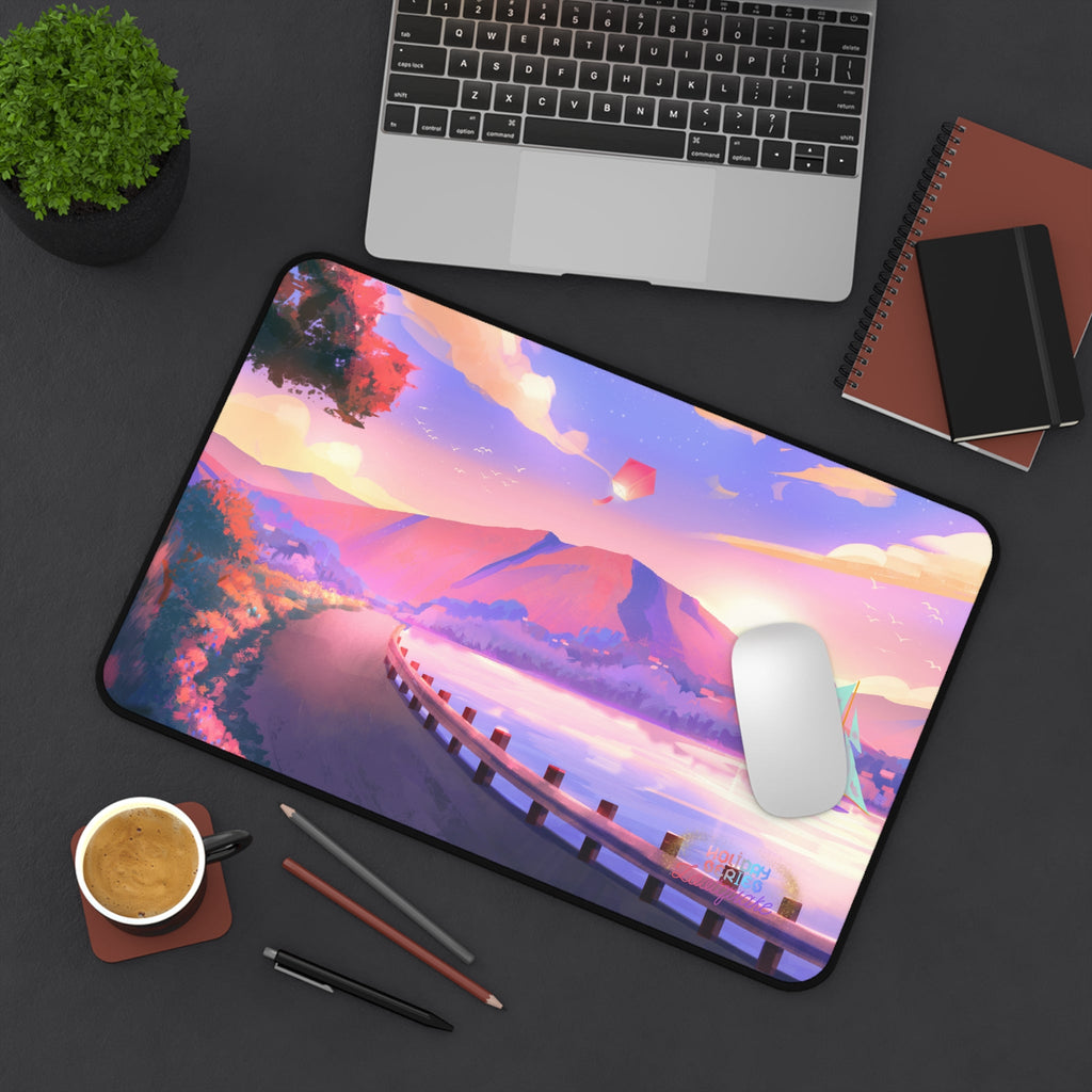 Sunset Lakeside Desk Mat — Pastel Scenic Mouse Pad with Sailboat Lootquake LLC