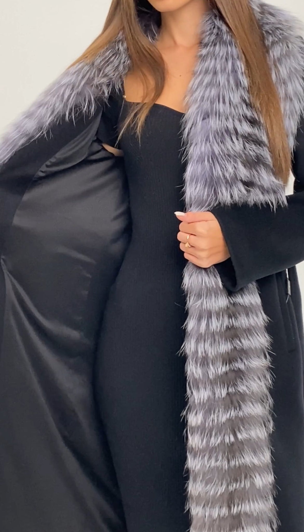 Genuine Silver Fox Virgin Wool Wrap Coat in Black - SJB-DIAMOND ELITES