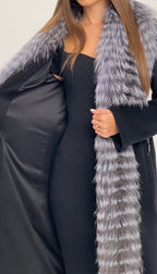 Genuine Silver Fox Virgin Wool Wrap Coat in Black - SJB-DIAMOND ELITES