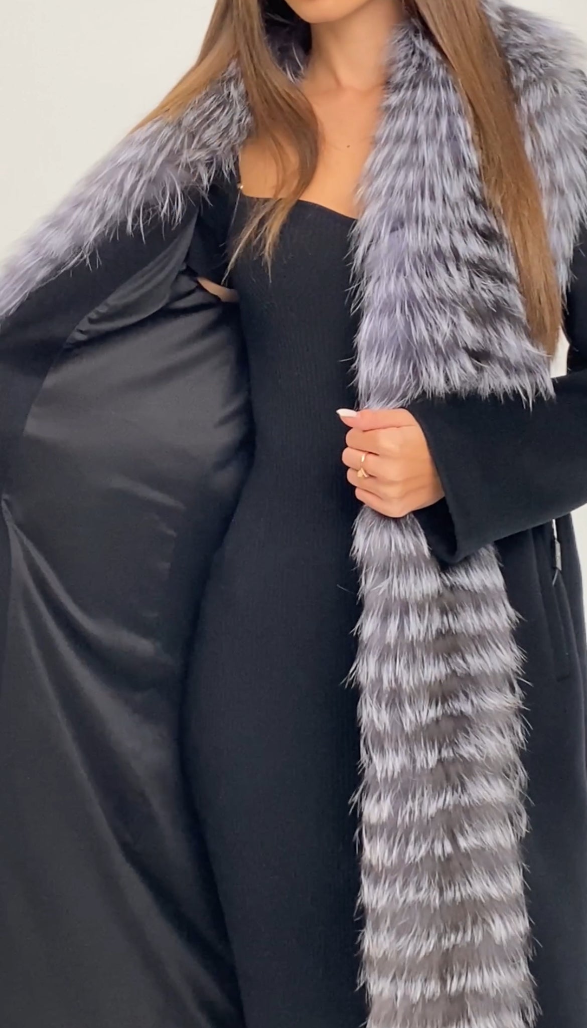 Genuine Silver Fox Virgin Wool Wrap Coat in Black - SJB-DIAMOND ELITES