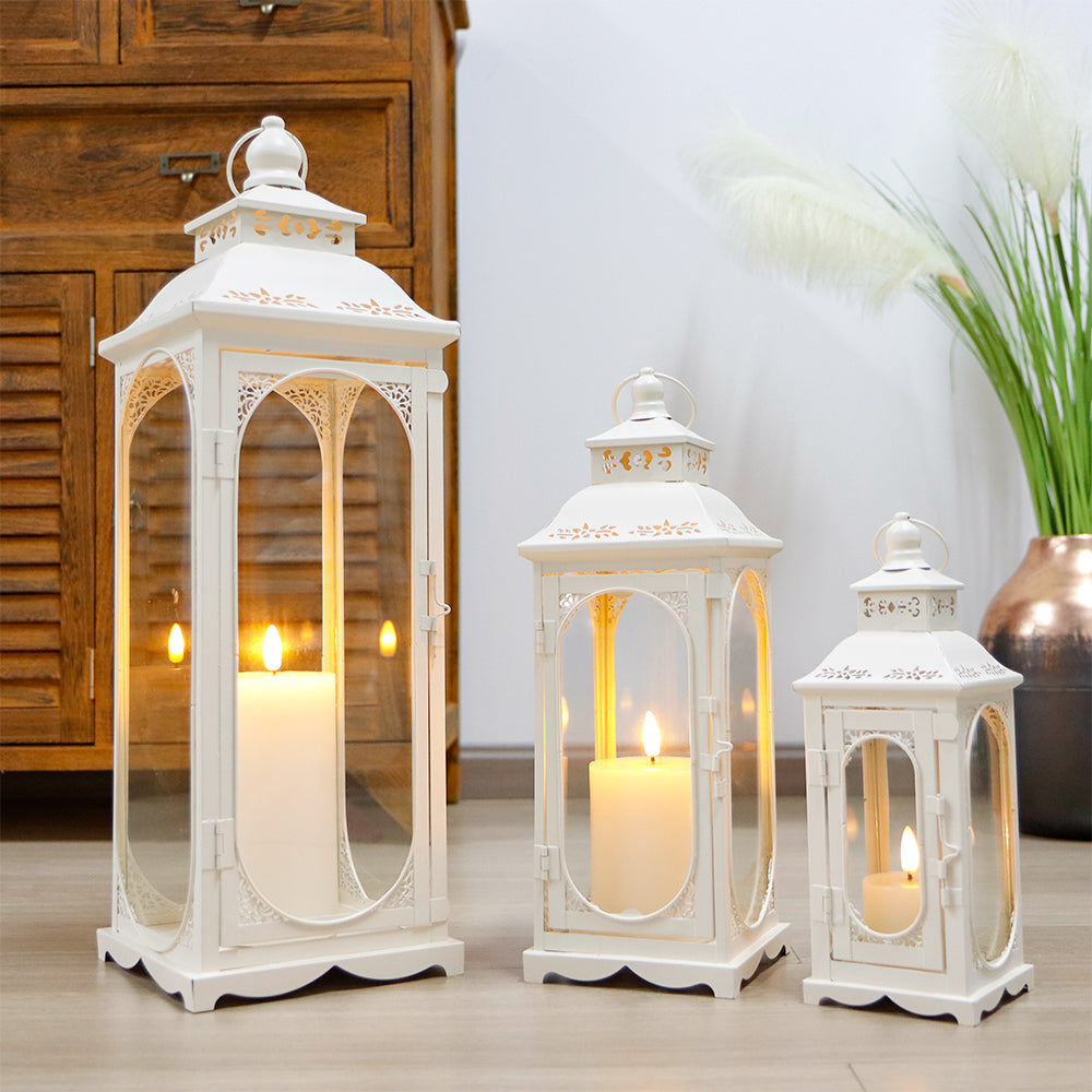 Set of 3 Decorative Vintage Candle Lanterns 10/14/19.5''H(White) Lootquake LLC