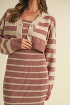 Stripe Crop Cardigan and Bodycon Dress Sweater Set – Two-Piece Knit Set, Striped Crop Cardigan Dress, Cozy Sweater Dress Set, Chic Layered Knit Outfit