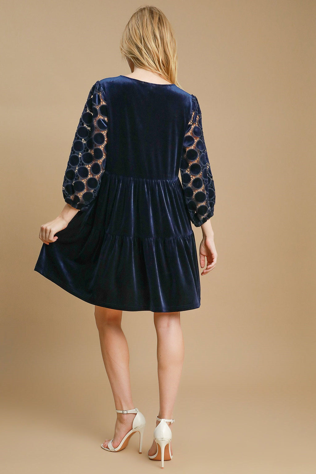 Dotted Lace Sleeve Tiered Velvet Mini Dress For Women – Vintage Velvet Dress, Lace Sleeve Mini Dress, Tiered Velvet Dress, Elegant Party Dress Stevvex