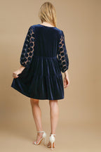 Dotted Lace Sleeve Tiered Velvet Mini Dress For Women – Vintage Velvet Dress, Lace Sleeve Mini Dress, Tiered Velvet Dress, Elegant Party Dress Stevvex