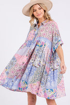 Pink Multicolor Floral Collared Neck Half Sleeve Mini Shirt Dress Feminine Floral Print Dress for Women