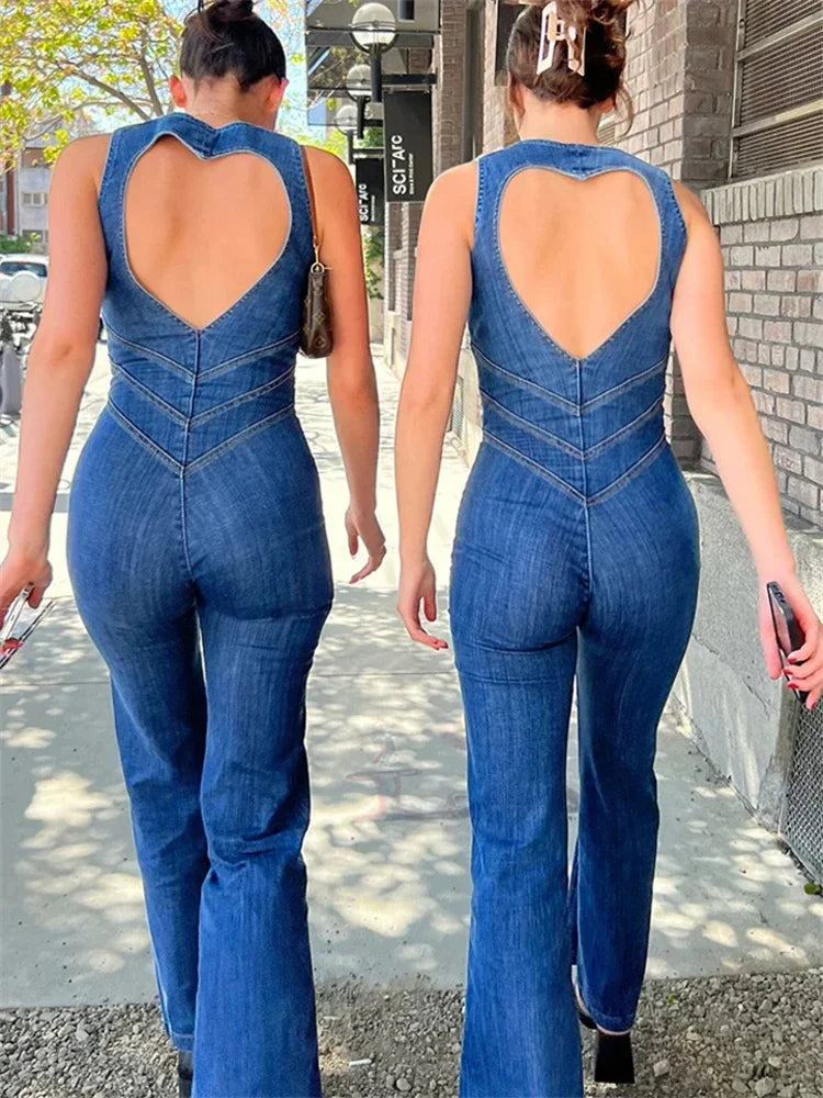 TARUXY Backless Heart Cutout Bodycon Jumpsuit For Women Casual Sleeveless Slim One-Piece Outfits Retro Denim Jumpsuits New 2025 Purplish Diva