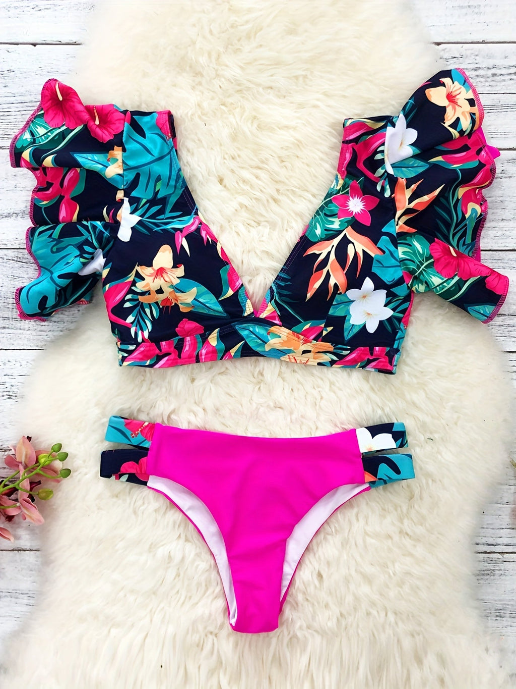 Bloom Day Ruffle Bikini Set – Chic Elegant Plant Print V-Neck Swimsuit with Tie-Back and High-Stretch Ruffle Trim – Women's 2-Piece Swimwear for Poolside Style & King’s Day Celebrations Stevvex