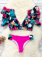 Bloom Day Ruffle Bikini Set – Chic Elegant Plant Print V-Neck Swimsuit with Tie-Back and High-Stretch Ruffle Trim – Women's 2-Piece Swimwear for Poolside Style & King’s Day Celebrations Stevvex