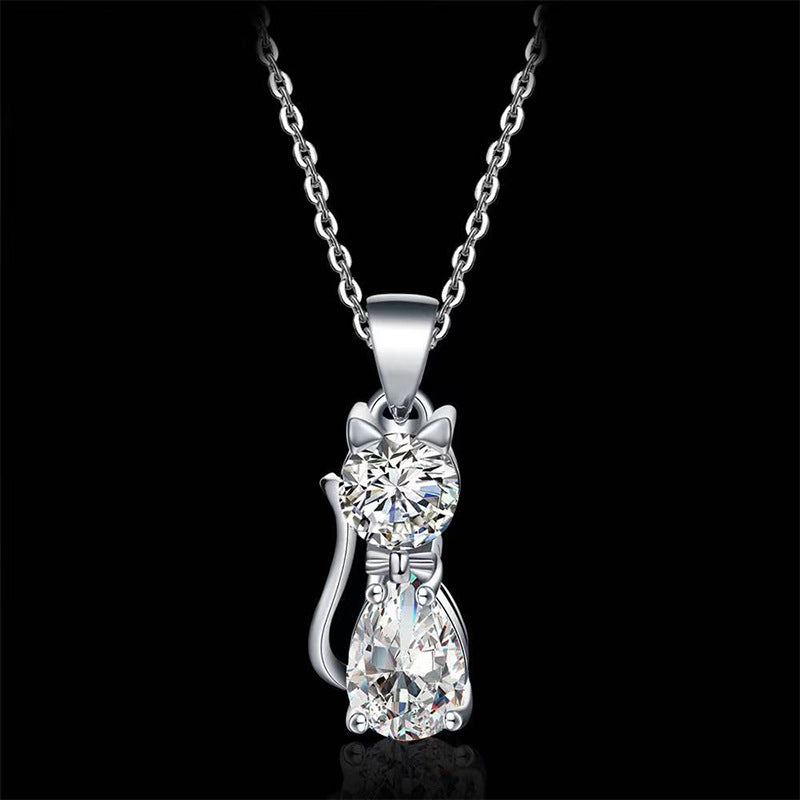 Cute Kitty Zircon Pendant Alloy Plated Silver Accessories Necklace Pi-Mart