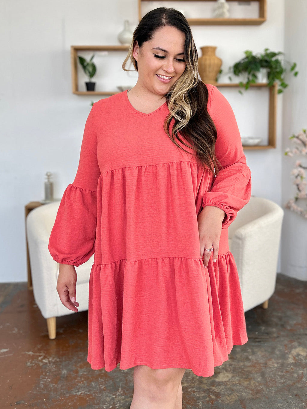 Light Green Double Take Full Size V-Neck Sleeve Tiered Dress with Pockets Elegant & Comfortable Casual Dress Stevvex
