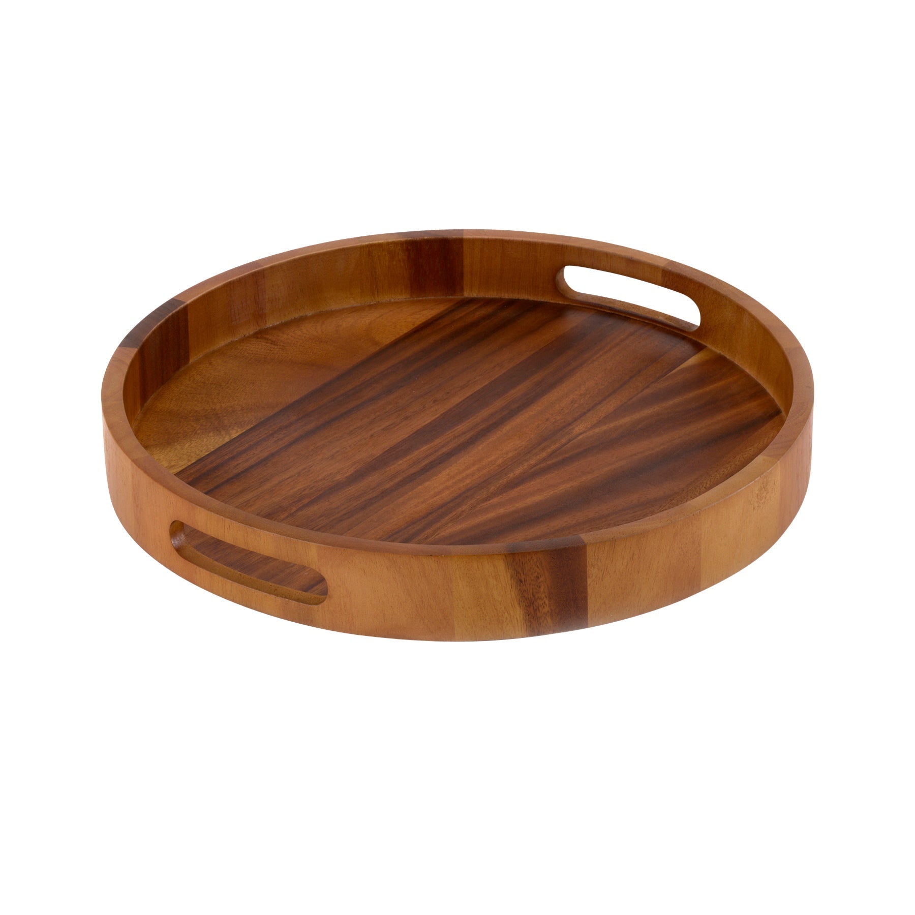15 in Round Acacia Serving Tray With Handles Solid Bottom Charcuterie BandsCo Straps