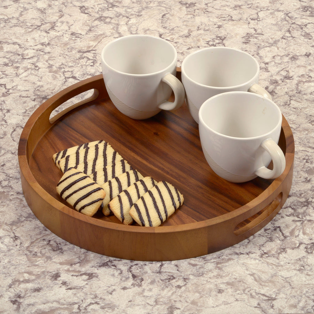 15 in Round Acacia Serving Tray With Handles Solid Bottom Charcuterie BandsCo Straps