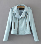 Women's Faux Leather Motorcycle Jacket - Spring/Autumn Lapel Biker Coat with Zipper Details (Blue/Black)