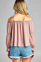 Women's Puff Long Sleeve Ruffled Front Tie Off Shoulder Top
