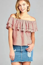 Women's Double Ruffle Off Shoulder Polka Dot Top