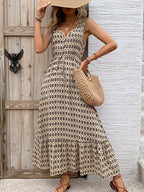 Vintage Printed V-Neck Tie Waist Midi Dress Lightweight Trendy & Elegant Dress for Women Stevvex