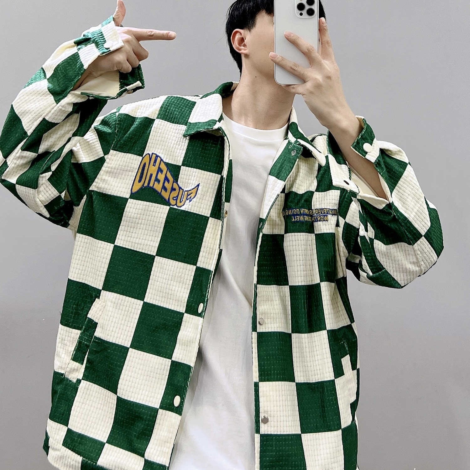 Retro Contrast Color Green Plaid Lapel Jacket Men Pi-Mart