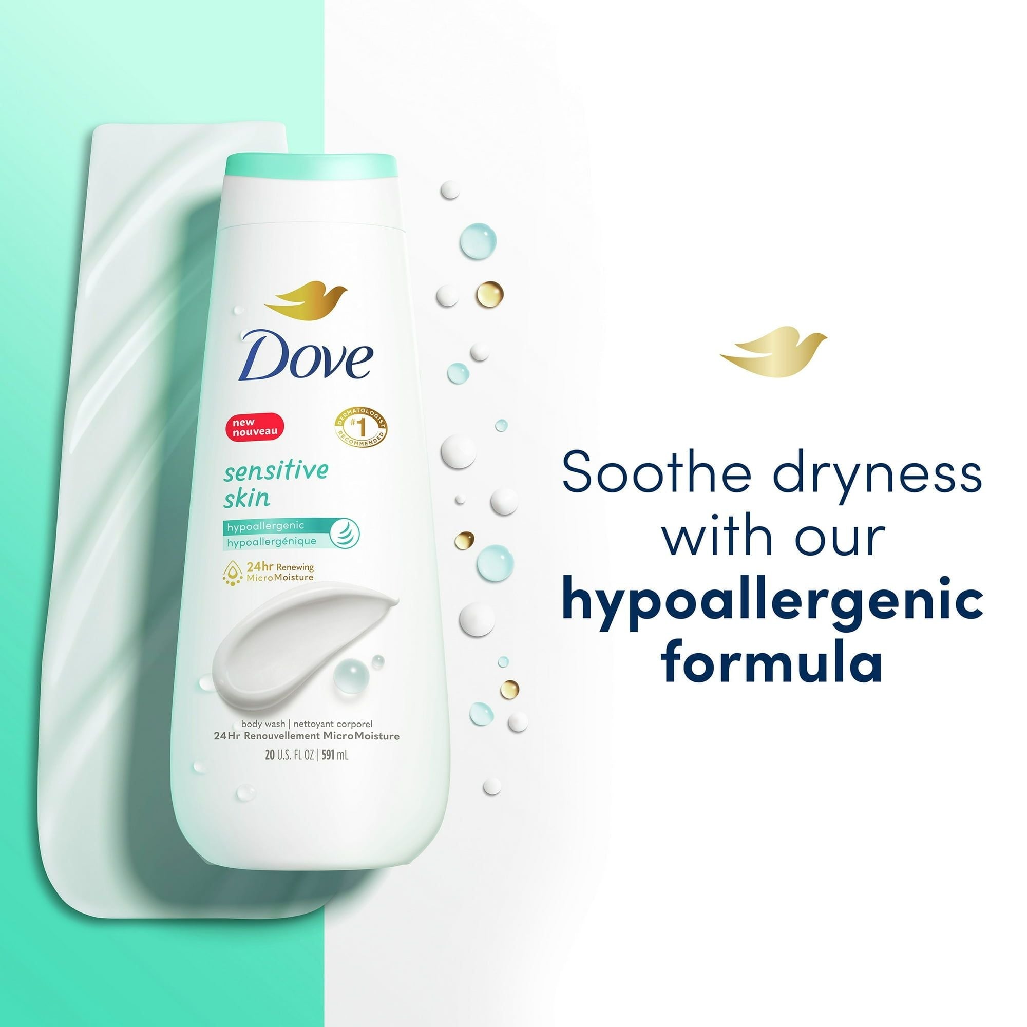 Dove Sensitive Skin Women's Body Wash Hypoallergenic Moisturizing Skin Cleanser, 20 oz