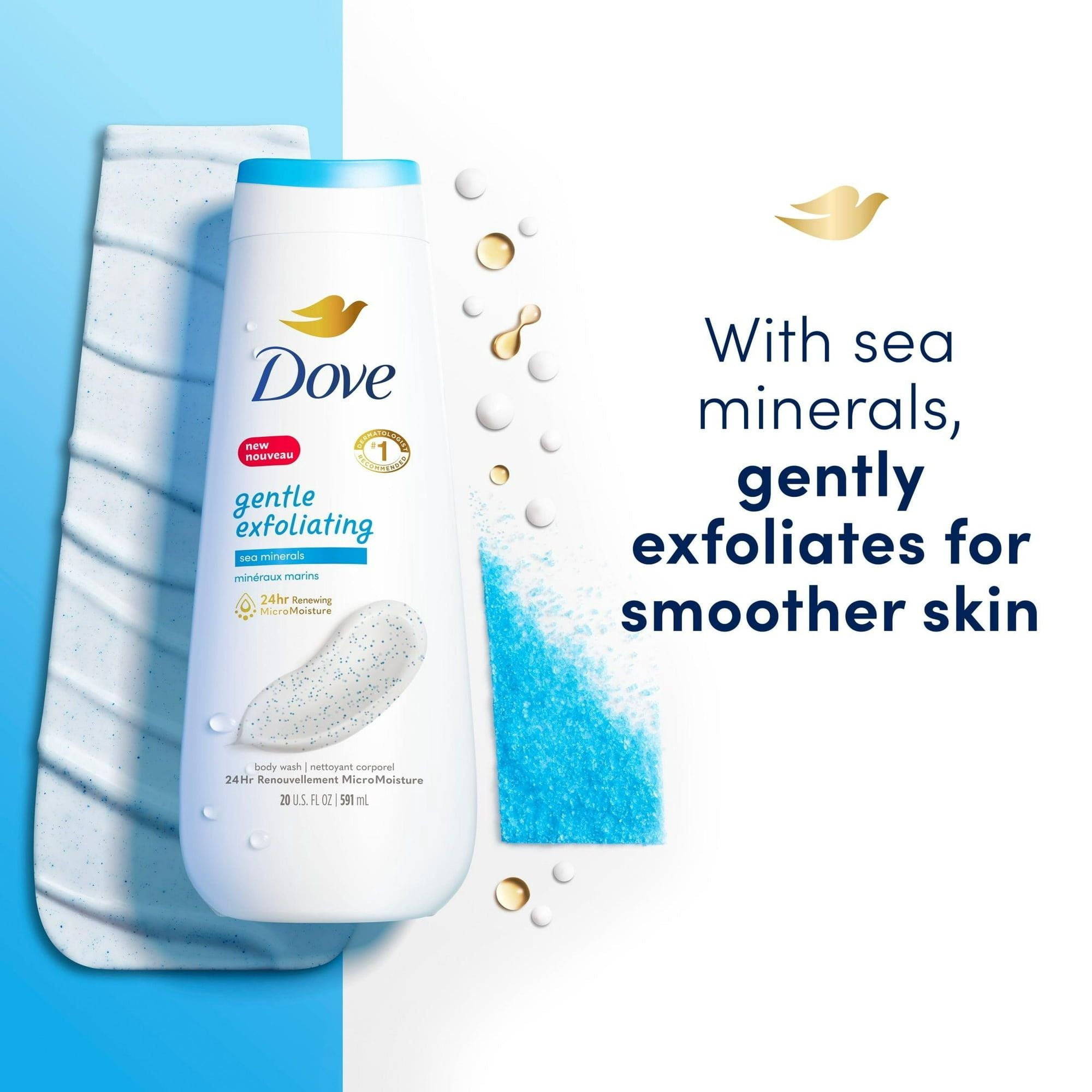 Dove Gentle Exfoliating Long Lasting Women's Body Wash All Skin Sea Minerals, 20 fl oz Twin Pack