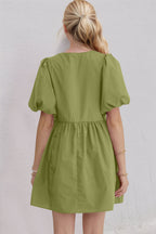 Elegant Ruched Puff Sleeve Mini Dress Vintage Bow Detail Cute Short Dress for Women