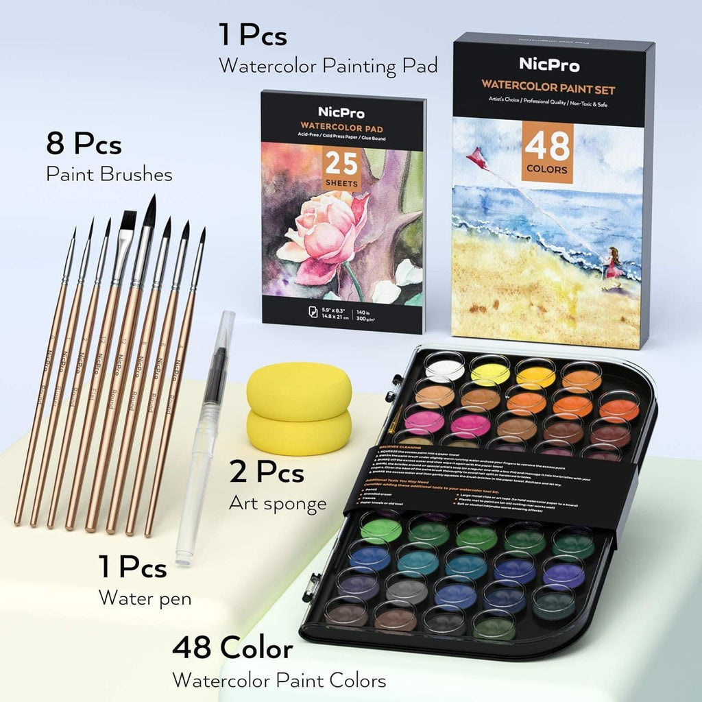 Nicpro Watercolor Paint Set, 48 Water Colors Kit with 8 Squirrel Brushes, Palette, Watercolor Pen, 25 Art Pad Paper, 2 Art Sponges, Non-toxic Painting Supplies