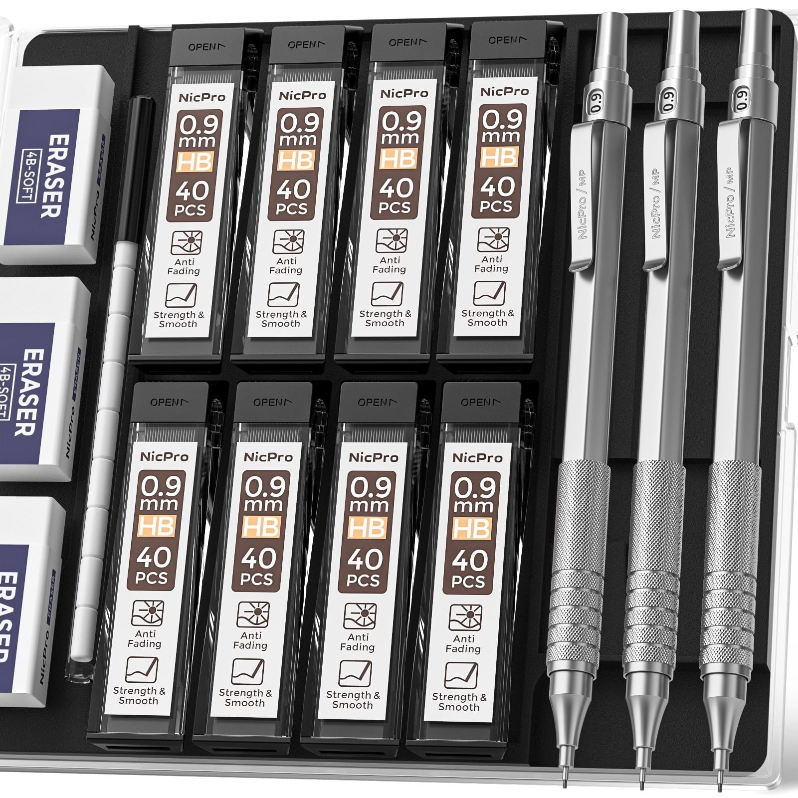 Nicpro 3 Pcs 0.9 mm Metal Mechanical Pencils, with 6 Tubes HB Lead Refills, 3Pcs Erasers, Erasers Refills, Drafting Pencil Set with Case - Silver