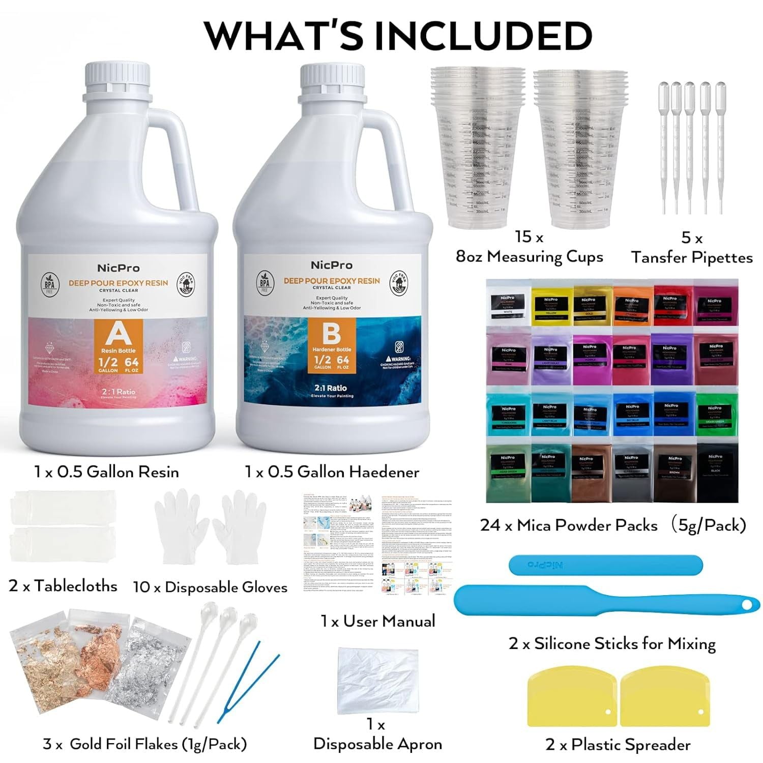 Nicpro 1 Gallon Crystal Clear Epoxy Resin Kit, Casting and Coating Resin Supplies for Art Craft Tabletop, Jewelry Making, Molds, Bar Top with 24 Mica Powder, Gold Foil Flakes, Measuring Cups, Sticks