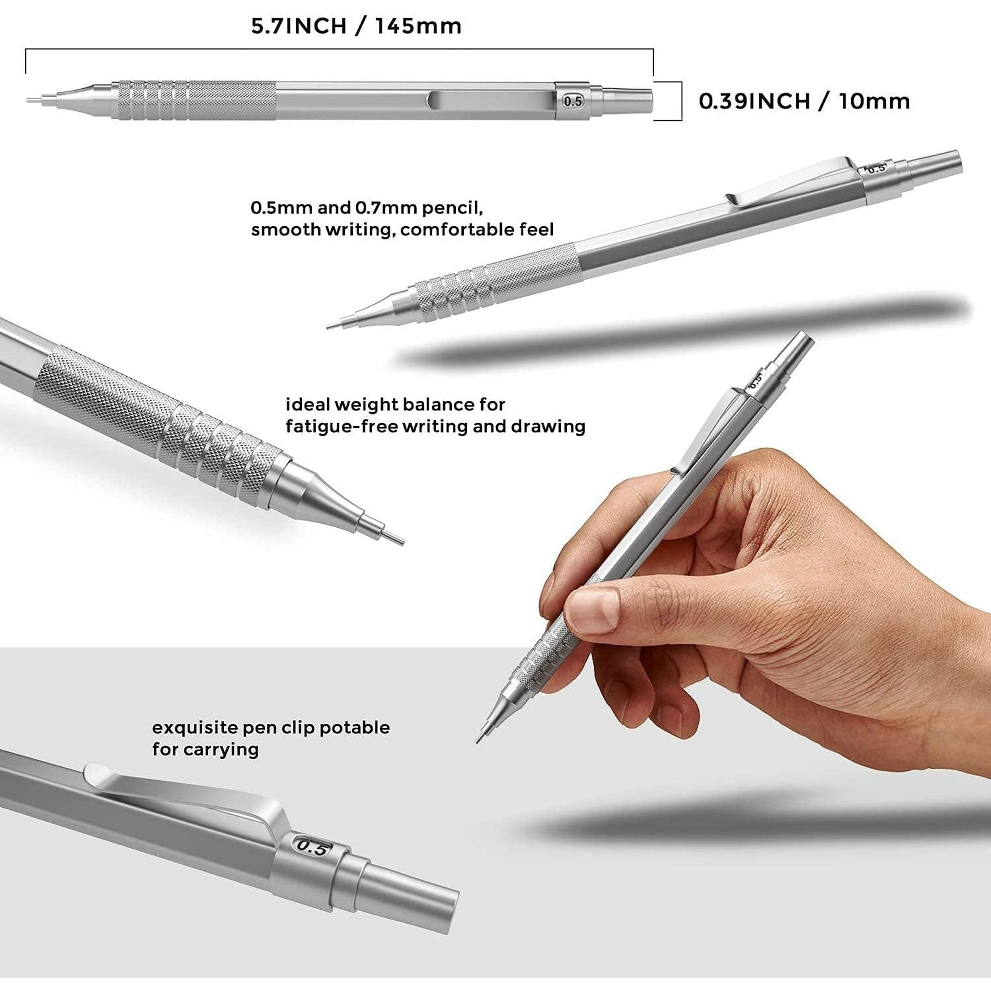 Nicpro 5 Pcs Metal Mechanical Pencils Set, Artist Drafting Pencil 0.5 & 0.7 & 0.9mm & 2Pcs 2mm Graphite Lead Holder(4B 2B HB 2H) with Lead Refills, Erasers - Silver