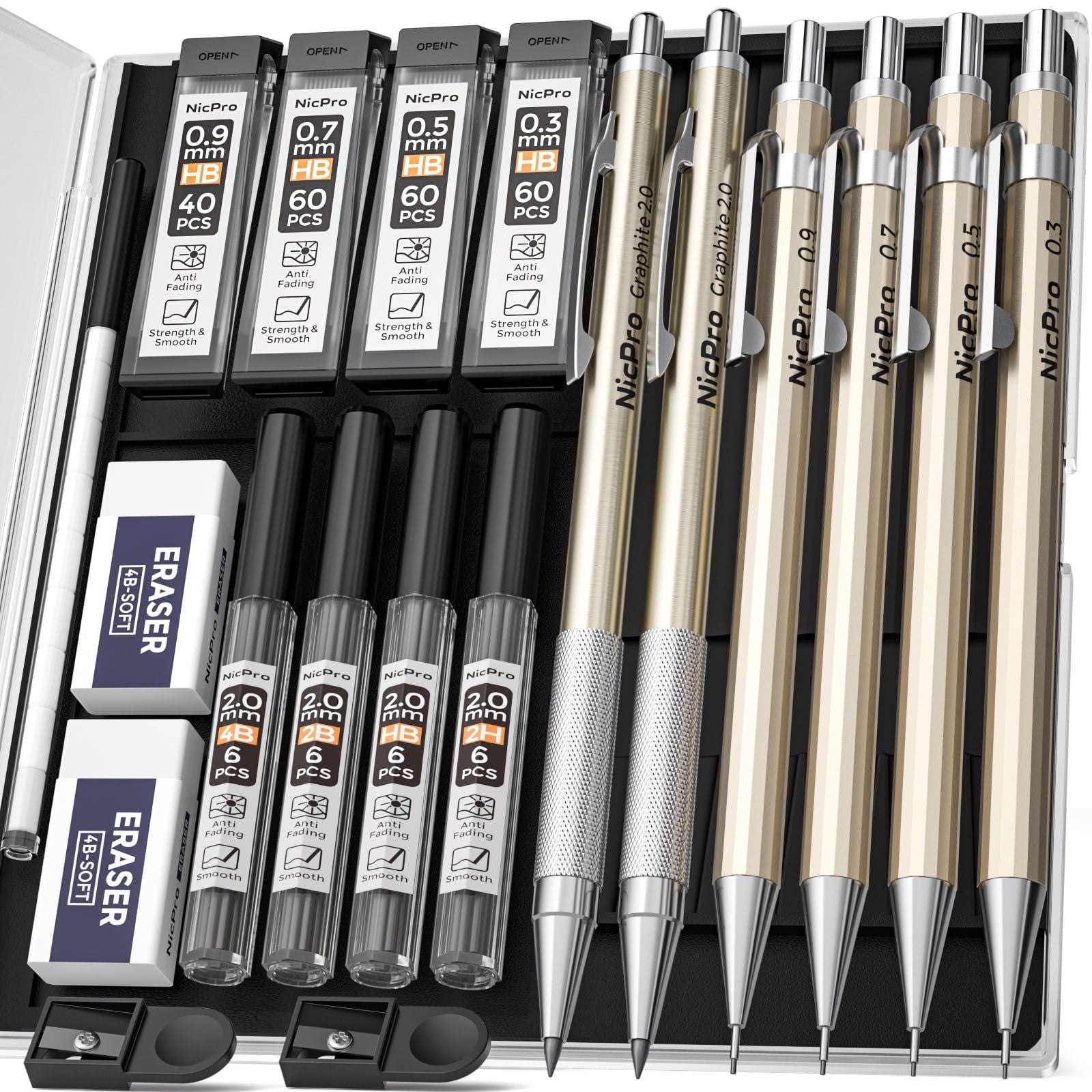 Nicpro 6 Pcs Metal Mechanical Pencils, Artist Drafting Pencil 0.3 & 0.5 & 0.7 & 0.9mm and 2mm Lead Holder(4B 2B HB 2H), Come with Case EasyOptionXY LLC