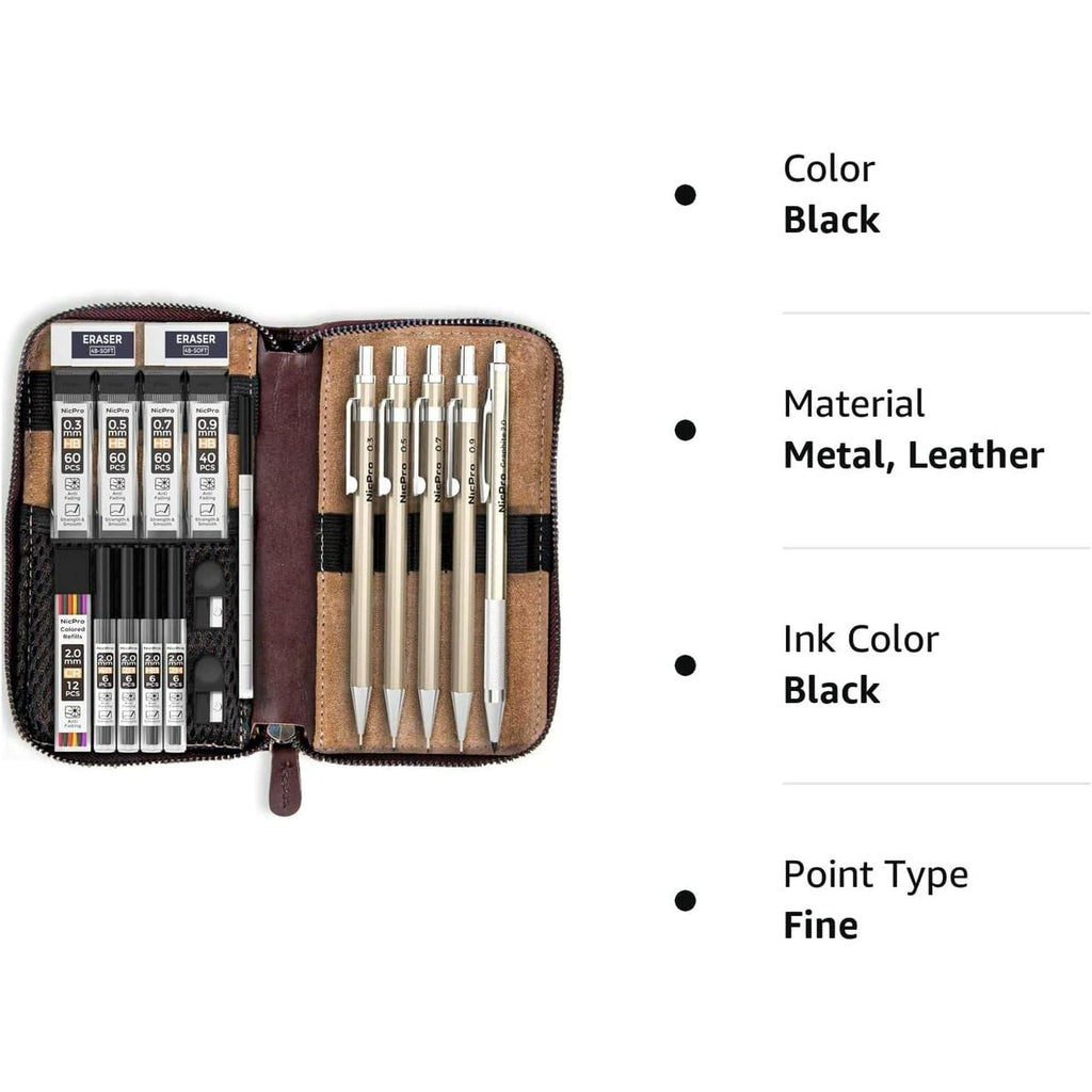 Nicpro 5Pcs Metal Mechanical Pencil Set in Leather Case, 0.3 & 0.5 & 0.7 & 0.9 mm & 2mm Lead Pencil Holders, (4B 2B HB 2H) Lead Refills (Black & Colors), Erasers