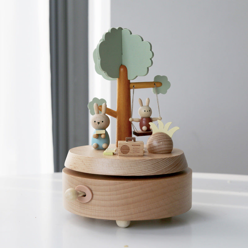 Wooden Music Box Music Box Creative Home Decoration Gifts Children's Birthday Gifts Carousel Swing Rabbit Pi-Mart