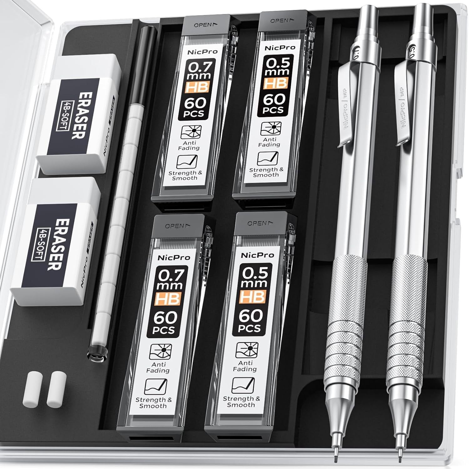 Nicpro 2 Pcs 0.5 & 0.7 mm Metal Mechanical Pencils, Artist Pencil Set with 4 Tubes HB Lead Refills, 2 Erasers, 9 Eraser Refills, Come with Case EasyOptionXY LLC