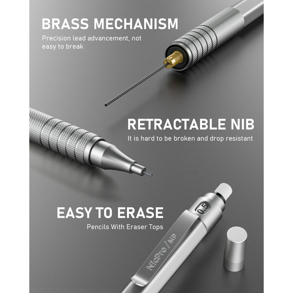 Nicpro 2 Pcs 0.5 & 0.7 mm Metal Mechanical Pencils, Artist Pencil Set with 4 Tubes HB Lead Refills, 2 Erasers, 9 Eraser Refills, Come with Case EasyOptionXY LLC