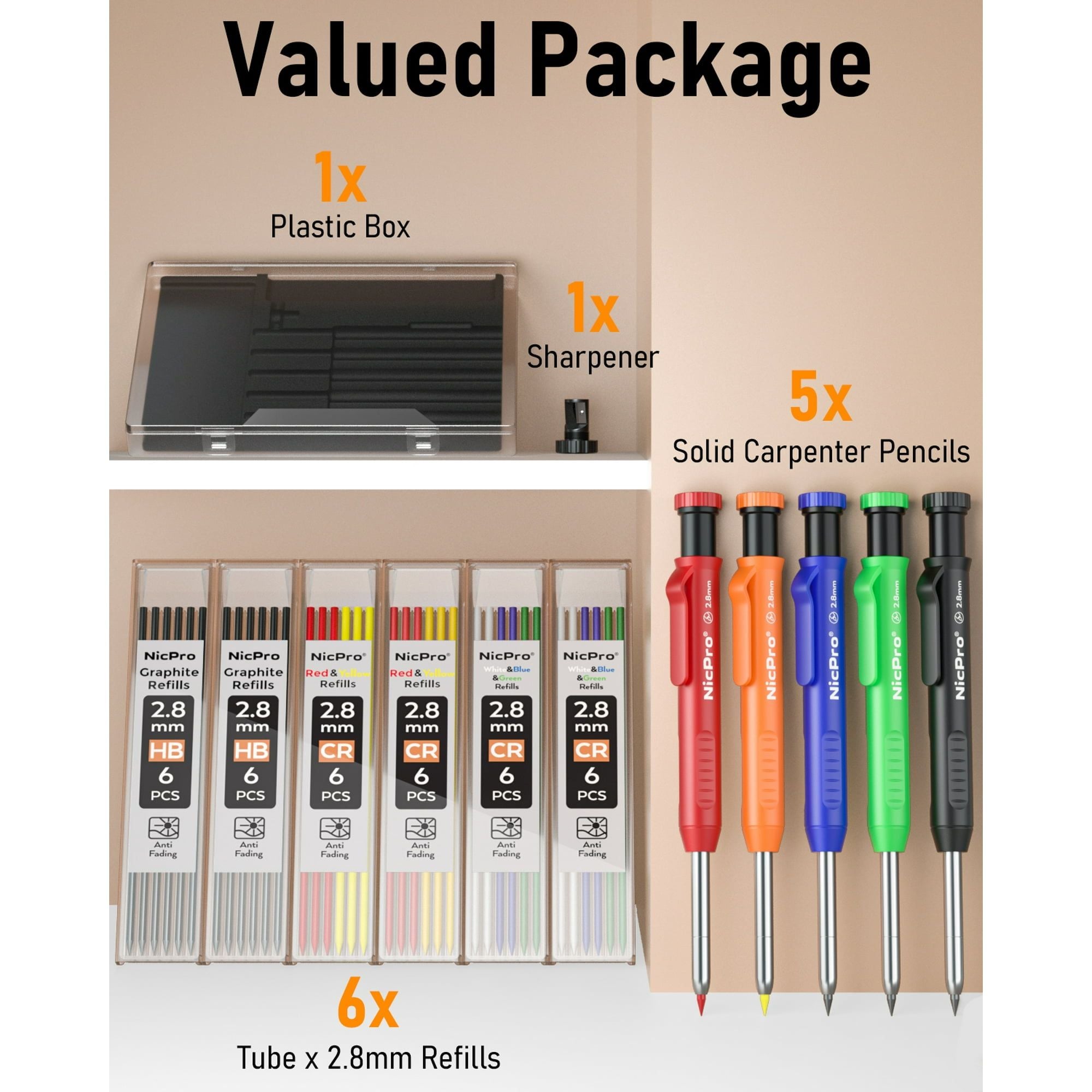 Nicpro 5 Pcs 2.8 mm Carpenter Pencils Set, Mechanical Pencils Refills in 6 Colors, Woodworking Pencils with 41 Refills, Sharpener