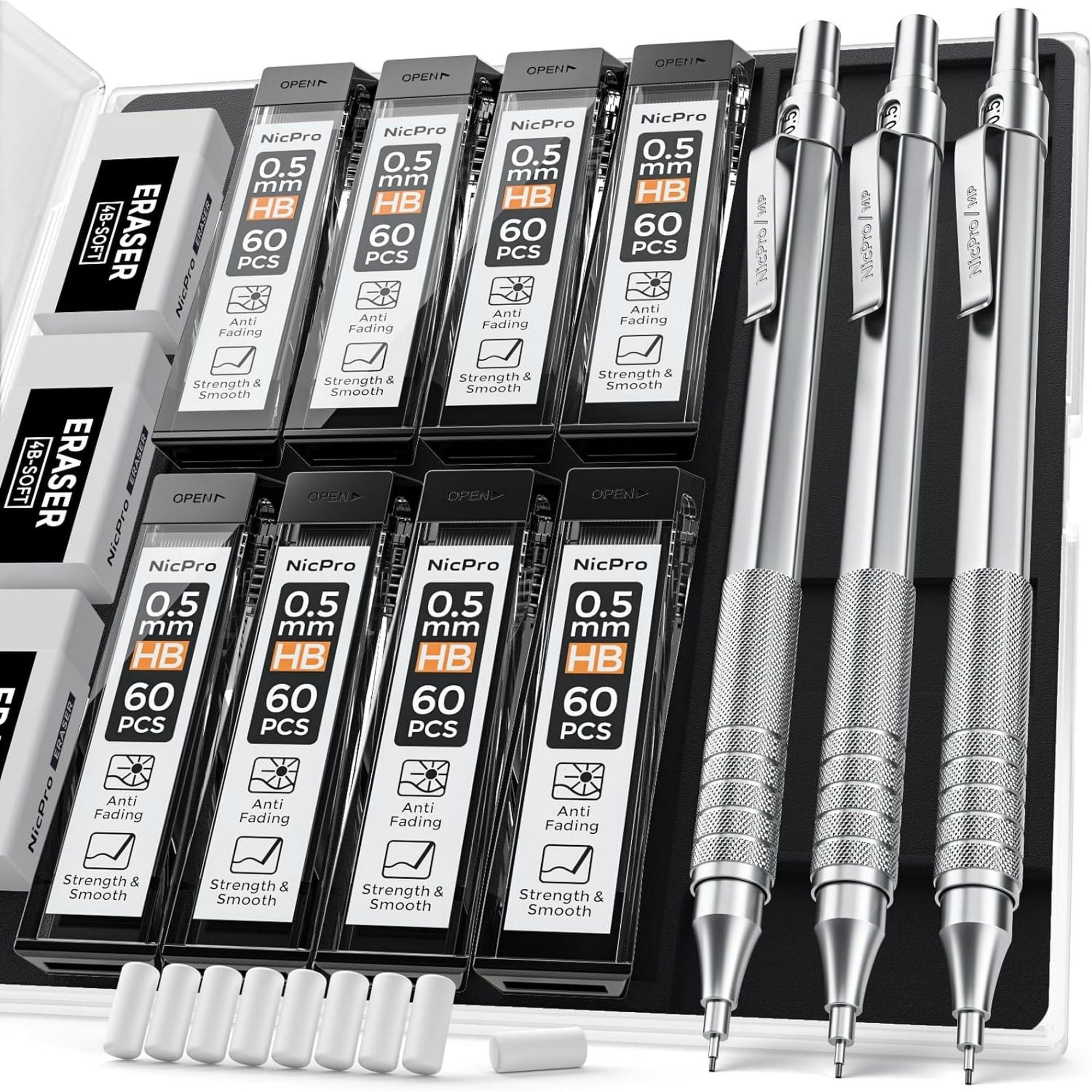 Nicpro 0.5mm Mechanical Pencils Set with Case, 3 Metal Artist Pencil with HB Pencil Leads and Erasers
