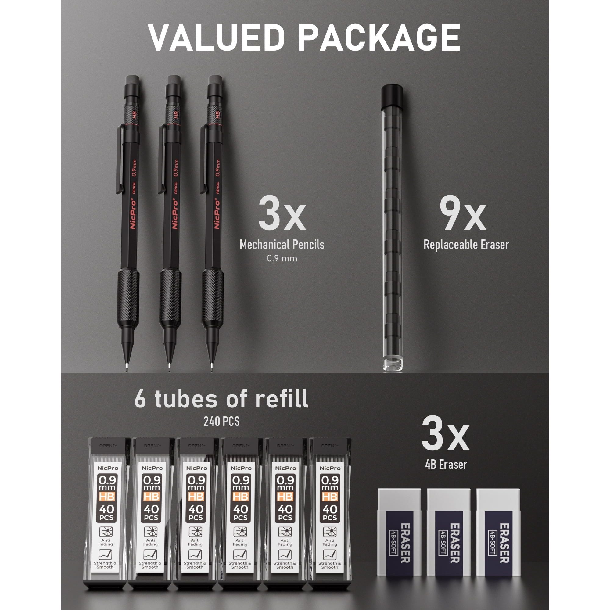 Nicpro 3Pcs 0.9mm Metal Mechanical Pencils Set, with 6 Tube HB Lead Refills, 3 Eraser, 6 Replaceable Eraser, Come with Case