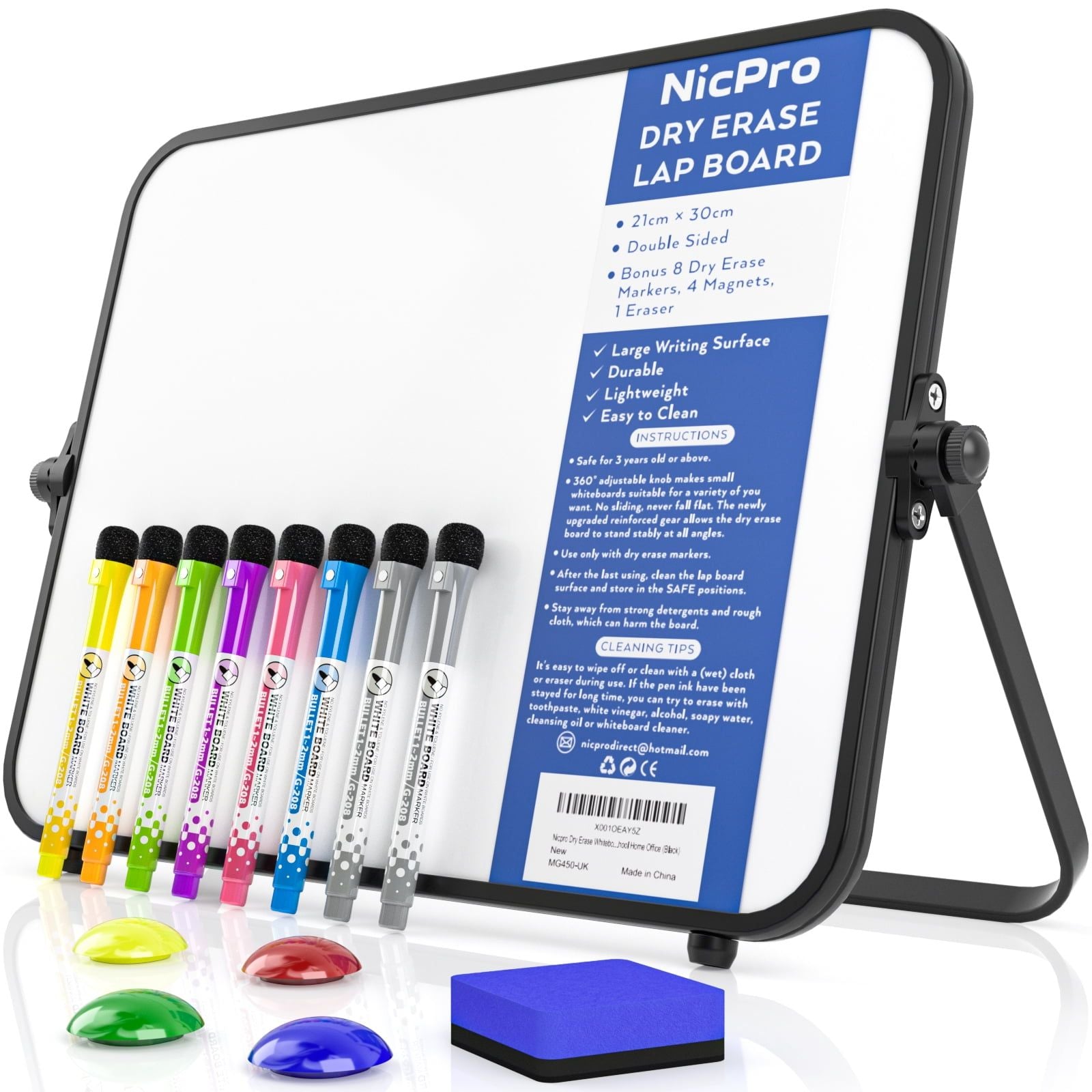 Nicpro Dry Erase Whiteboard, 9 x 12 inch Double Sided Large Magnetic Desktop White Board with Stand, 8 Pens, 1 Eraser, 4 Magnets, Portable White Board Easel EasyOptionXY LLC