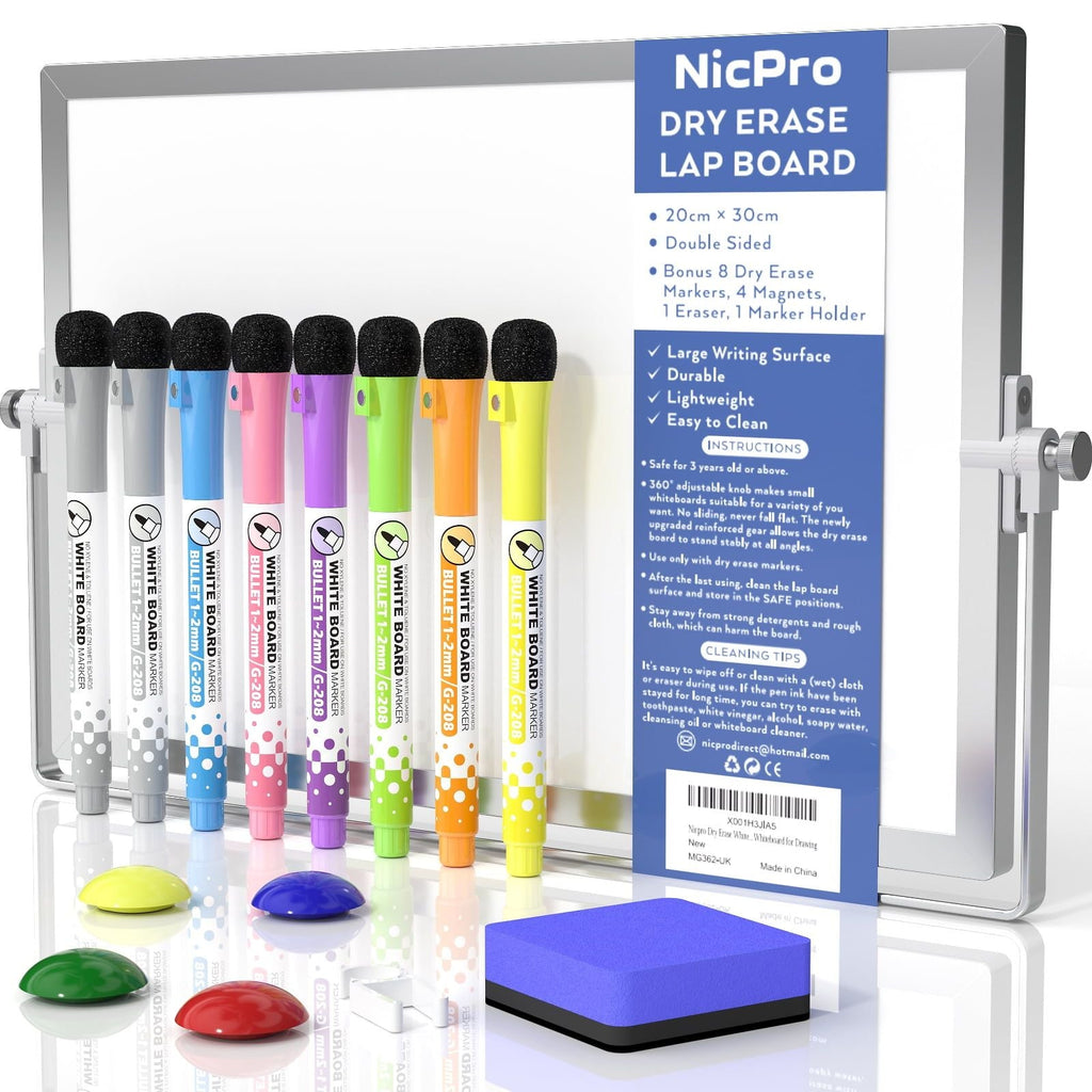 Nicpro Dry Erase Whiteboard A3, 40 x 30 cm Double Sided Small Magnetic Desktop Whiteboard with Stand, 8 Pens, 1 Eraser,4 Magnet, Portable Whiteboard Easel