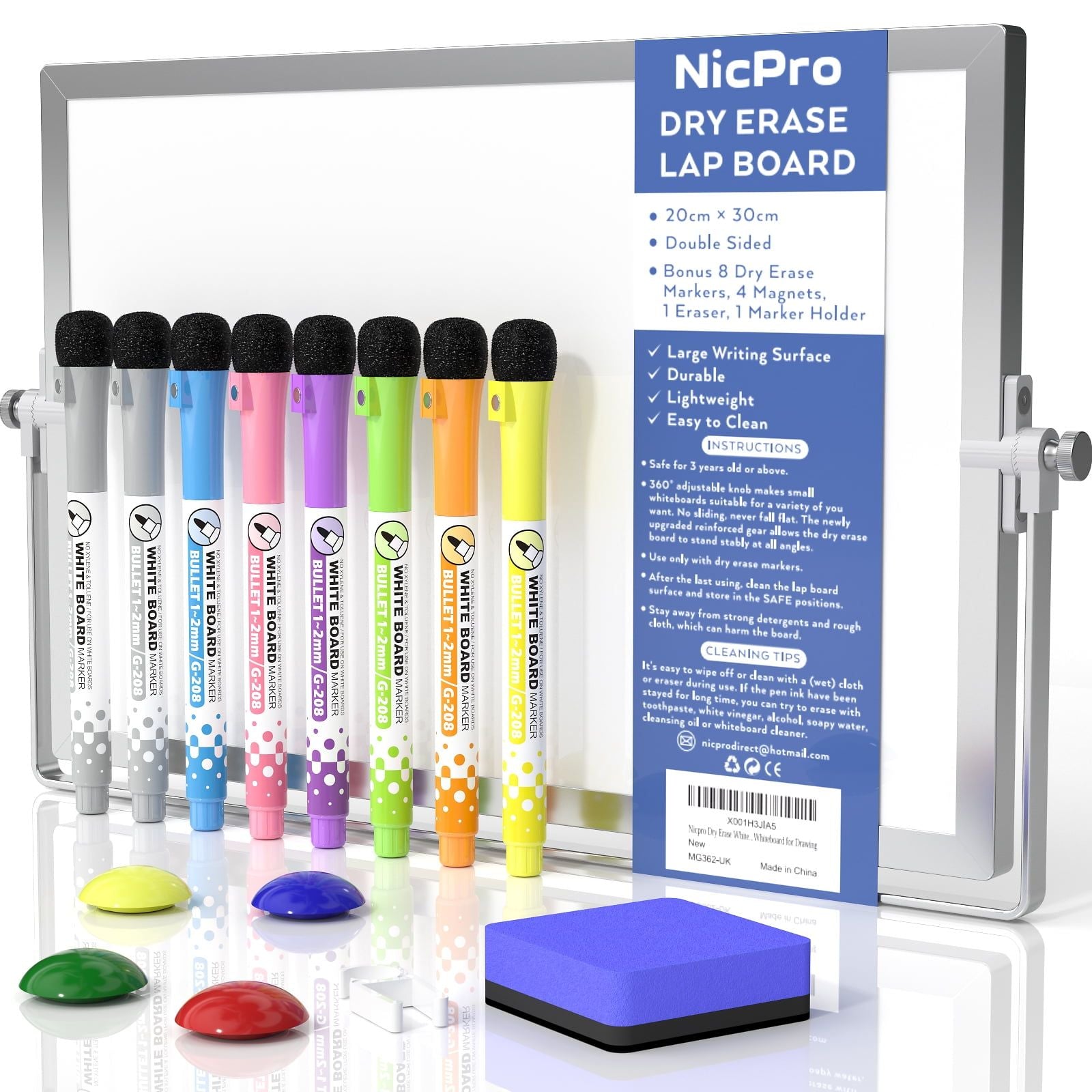 Nicpro Dry Erase Whiteboard A3, 40 x 30 cm Double Sided Small Magnetic Desktop Whiteboard with Stand, 8 Pens, 1 Eraser,4 Magnet, Portable Whiteboard Easel