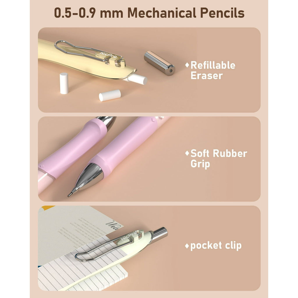 Nicpro 10Pcs Pastel Mechanical Pencil Set in Case, Cute Mechanical Pencils Bulk 0.5 & 0.7 & 0.9 mm & 2.0 mm with Lead Refills, Erasers, Lead Sharpener
