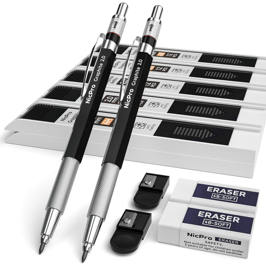 Nicpro 2mm Metal Mechanical Pencil Set, 2Pcs Lead Holder 2.0 mm Marker Artist Carpenter Pencils with 120 Graphite Lead Refill (HB 2H 4H 2B 4B & Color), 2 Eraser